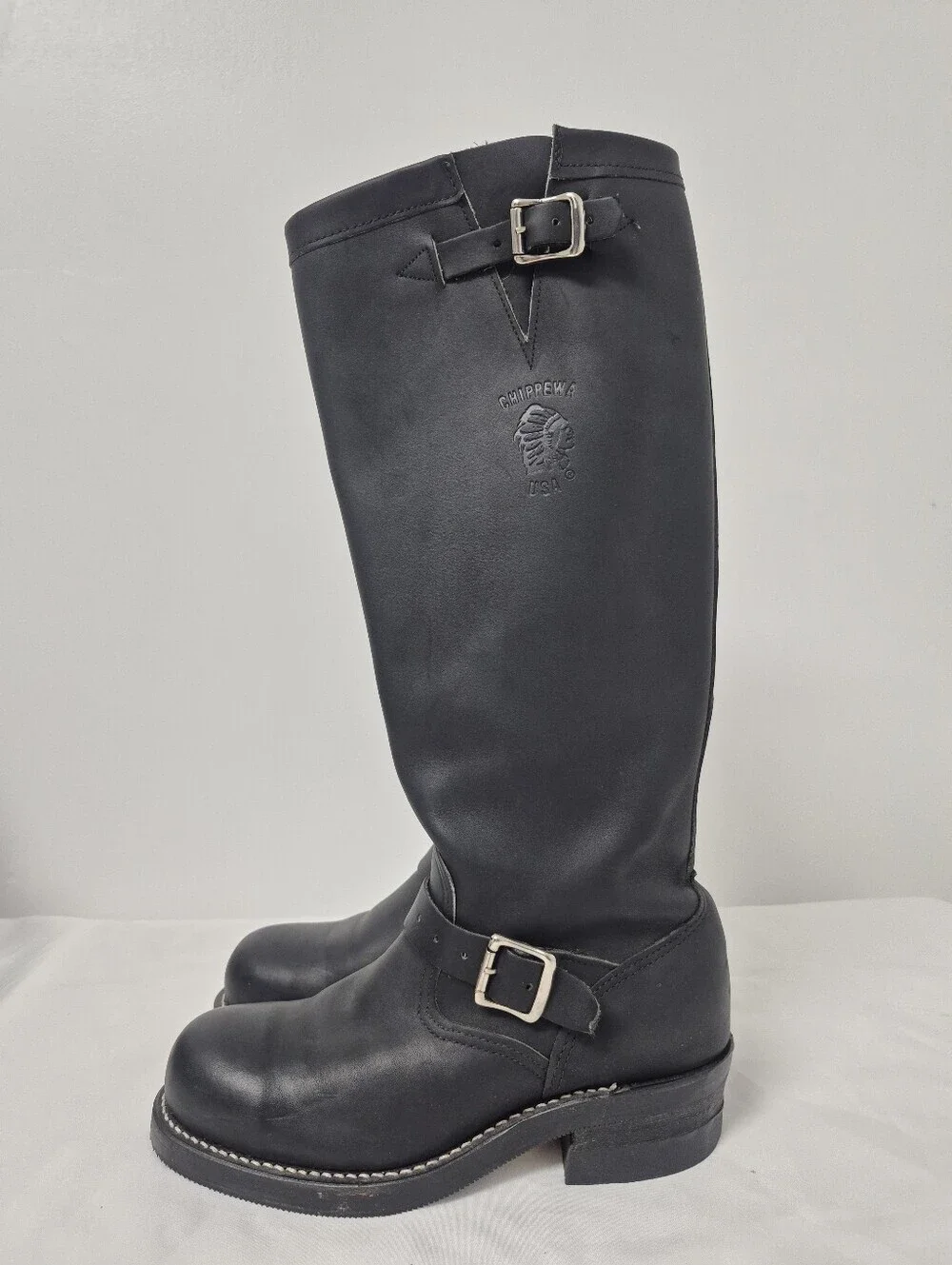 NWOT Vintage Chippewa Tall Black Leather Steel Toe Engineer Biker Boots sz 6.5D
